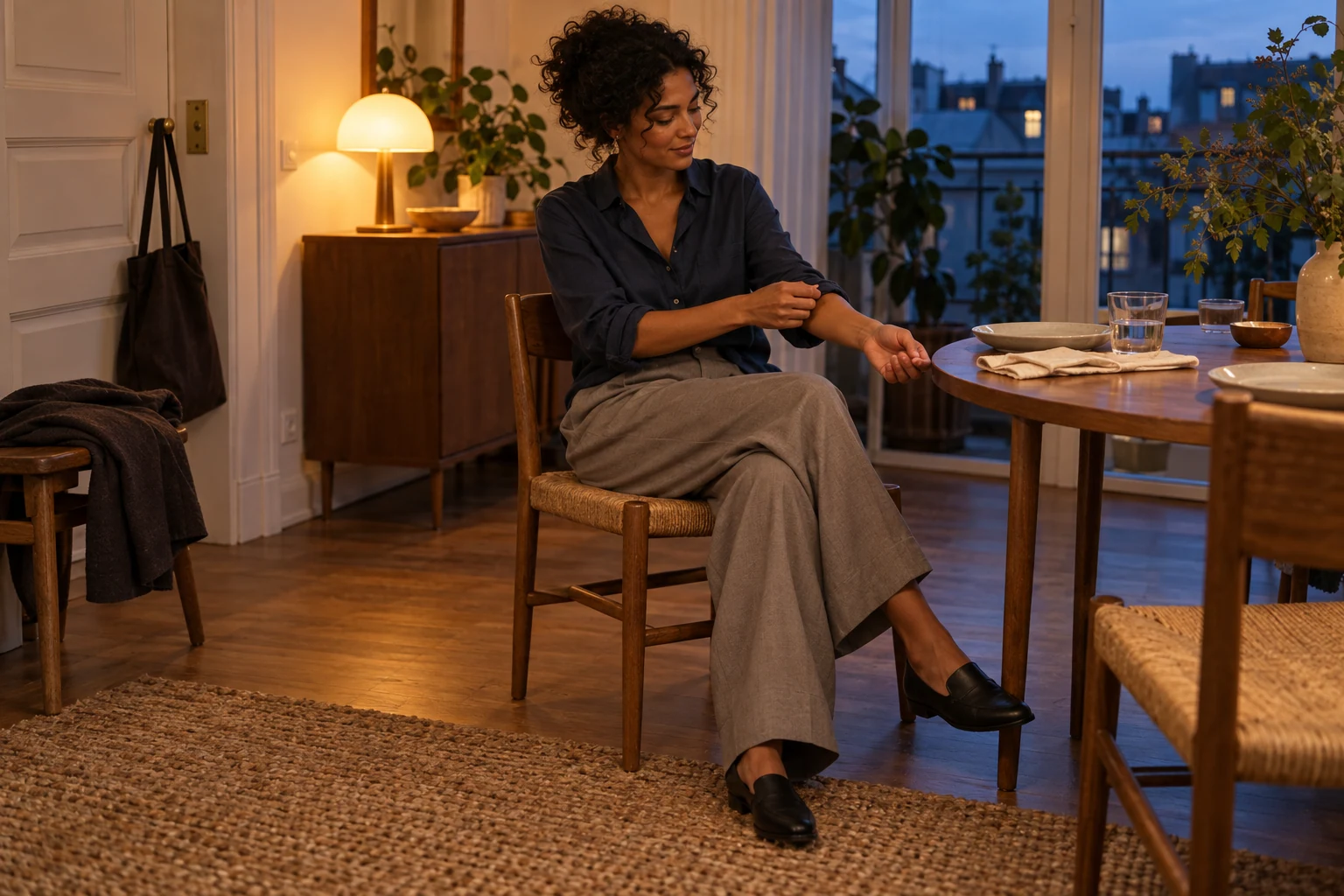 AI editorial concept: a seated adult adjusts an ink-blue shirt sleeve beside a small dining table, wearing gray trousers and practical flat shoes at dusk.