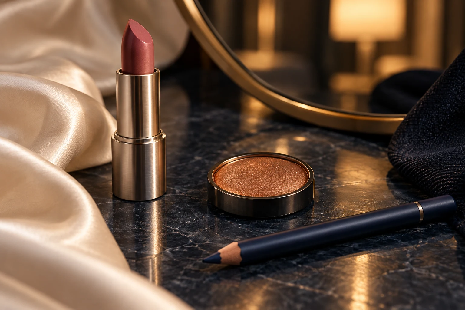 AI editorial concept: a rose lipstick, copper-colored cosmetic powder and dark navy pencil on a dark stone surface between ivory satin and ink-blue cloth.
