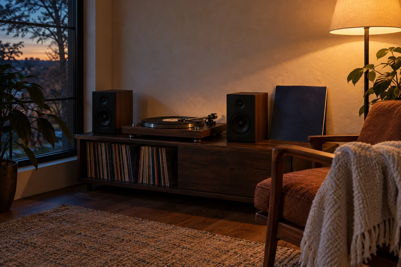 AI editorial concept: an unbranded turntable, two speakers and a blank ink-blue record sleeve beside a cinnamon chair and warm lamp at dusk.