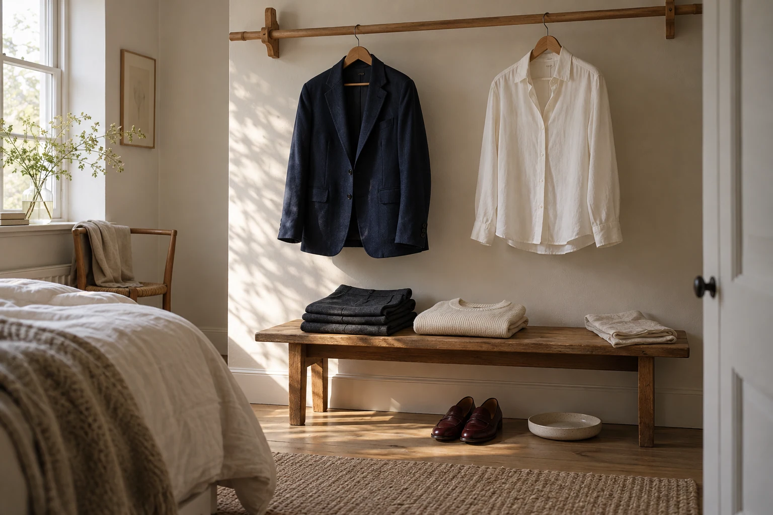 AI editorial concept: an ink-blue jacket and ivory shirt hang above folded charcoal trousers, cream knitwear and oxblood shoes in a softly lit bedroom.