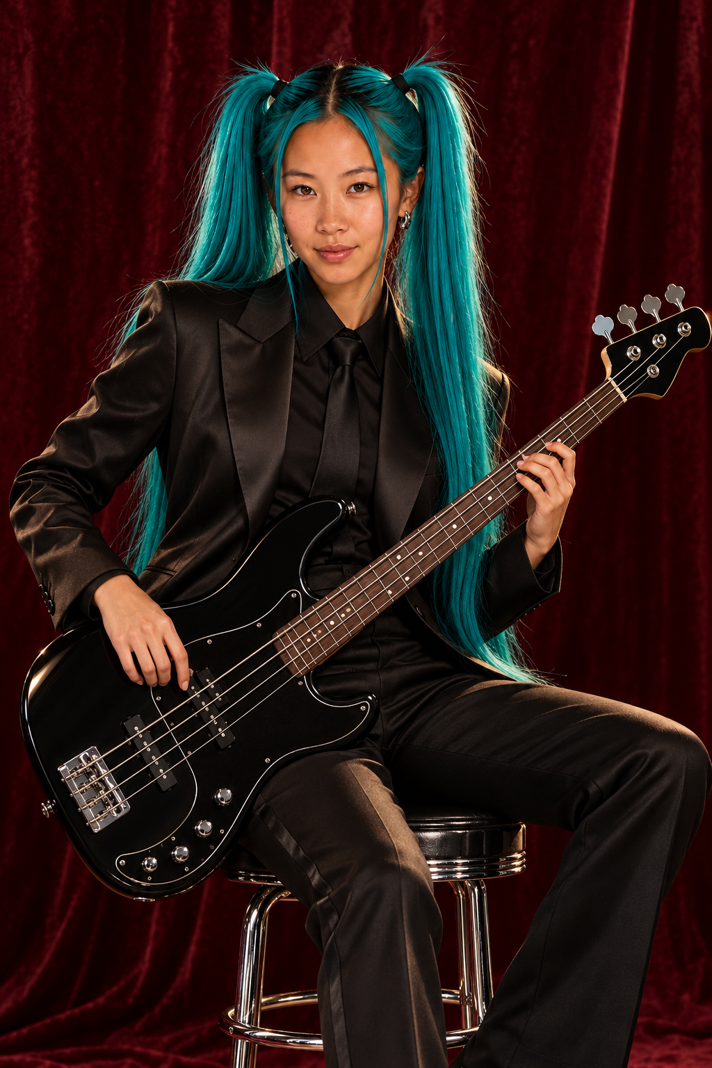 Jupiter with turquoise twin ponytails, seated in black tailoring with a black four-string bass across her lap, against a burgundy curtain.