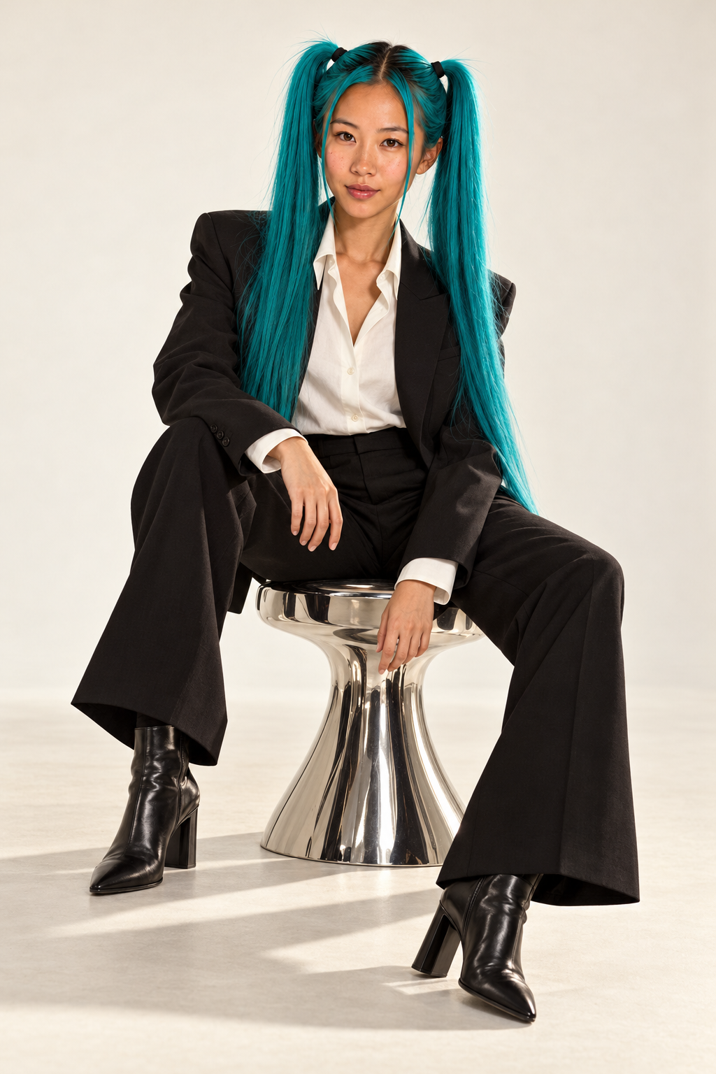 Jupiter seated on a sculptural chrome stool in a black trouser suit, open-collar white shirt and pointed black ankle boots, against a pale studio backdrop.